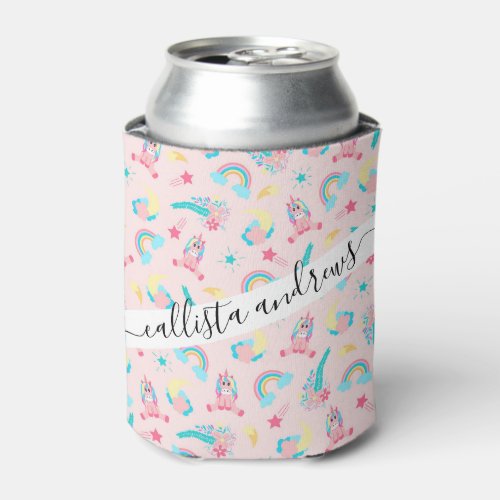 Cute Pink Teal Unicorn Rainbow Floral Stars Can Cooler