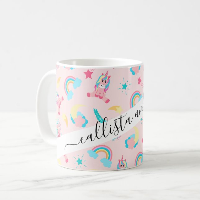 Cute Pink Teal Unicorn Rainbow Floral Stars Coffee Mug (Front Left)