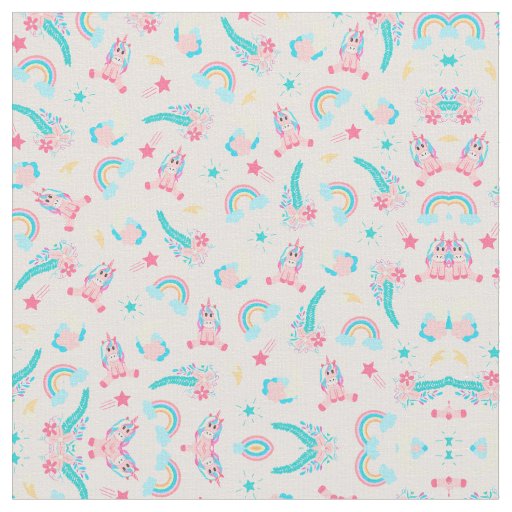 Cute Pink Teal Unicorn Rainbow Floral Stars Fabric