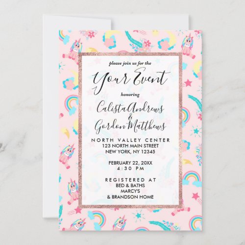 Cute Pink Teal Unicorn Rainbow Floral Stars Invitation