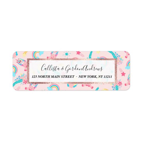 Cute Pink Teal Unicorn Rainbow Floral Stars Label