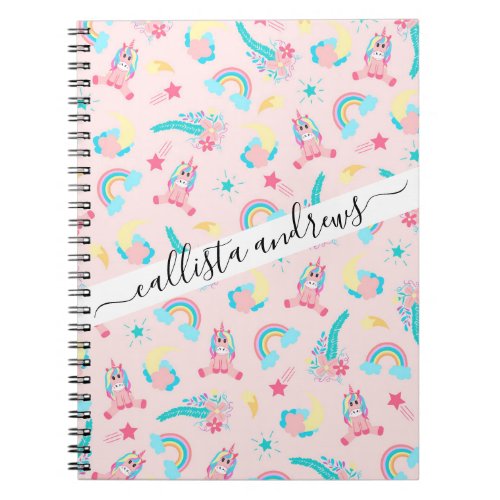Cute Pink Teal Unicorn Rainbow Floral Stars Notebook