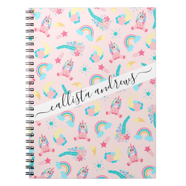 Cute Pink Teal Unicorn Rainbow Floral Stars Notebook (Front)