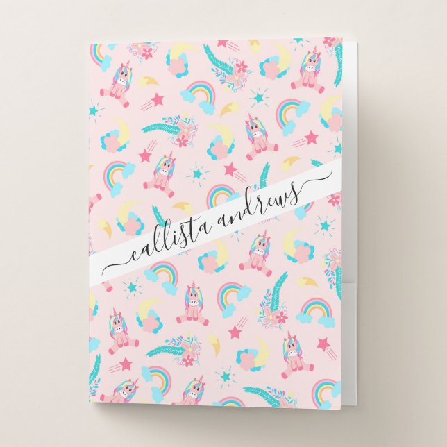 Cute Pink Teal Unicorn Rainbow Floral Stars Pocket Folder (Front)