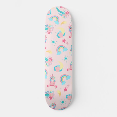 Cute Pink Teal Unicorn Rainbow Floral Stars Skateboard