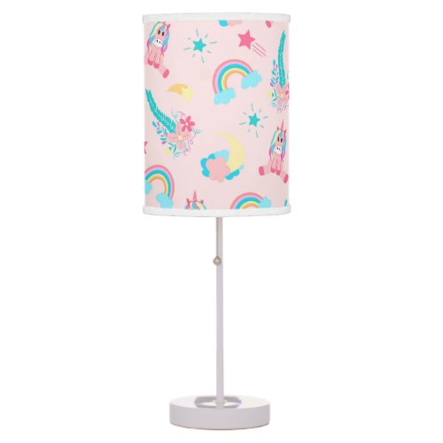 Cute Pink Teal Unicorn Rainbow Floral Stars Table Lamp