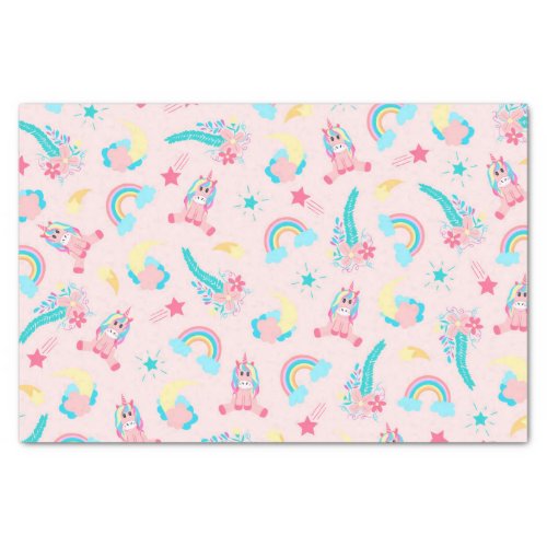 Cute Pink Teal Unicorn Rainbow Floral Stars Tissue Paper