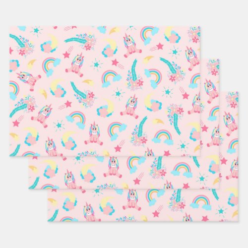 Cute Pink Teal Unicorn Rainbow Floral Stars Wrapping Paper Sheets