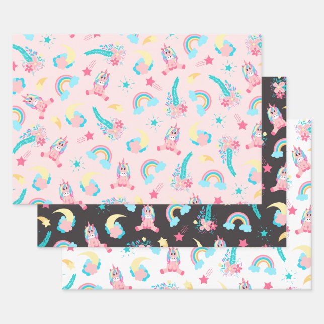 Cute Pink Teal Unicorn Rainbow Floral Stars Wrapping Paper Sheets (Set)