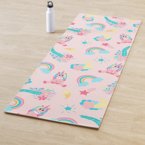 Cute Pink Teal Unicorn Rainbow Floral Stars Yoga Mat