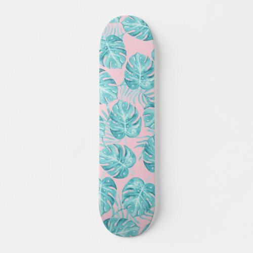 Cute pink teal watercolor tropical plant flowers skateboard deck