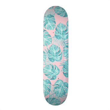 Cute pink teal watercolor tropical plant flowers skateboard deck