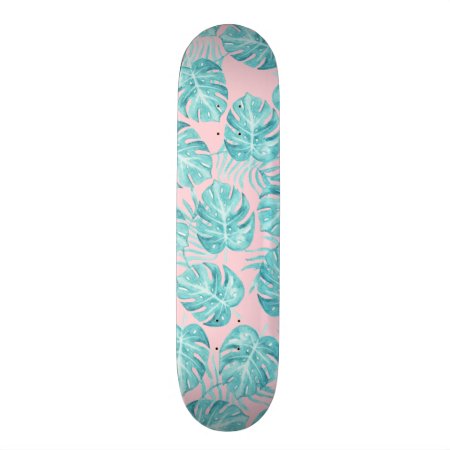 Cute Pink Teal Watercolor Tropical Plant Flowers Skateboard Deck