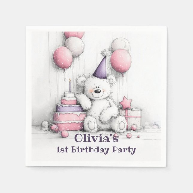 Cute Pink Teddy Bear 1st Birthday Party Napkins (Front)