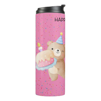Cute Pink Teddy Bear and Rainbow Freckles girls Thermal Tumbler