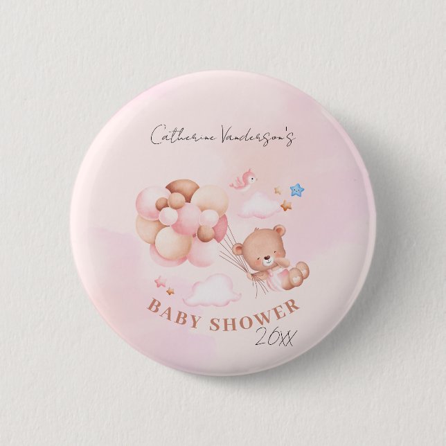 Cute Pink Teddy Bear Baby Shower Button (Front)