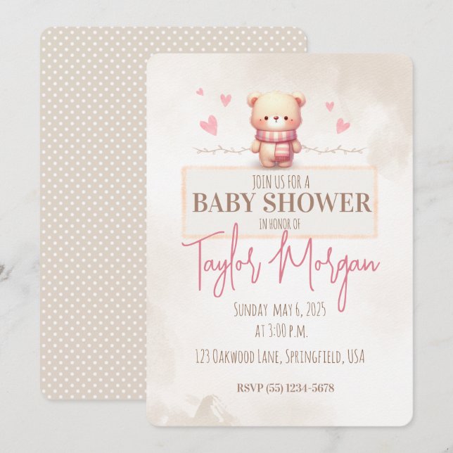 Cute Pink Teddy Bear Baby Shower  Invitation (Front/Back)