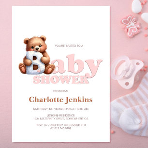 Cute Pink Teddy Bear Baby Shower Invitation