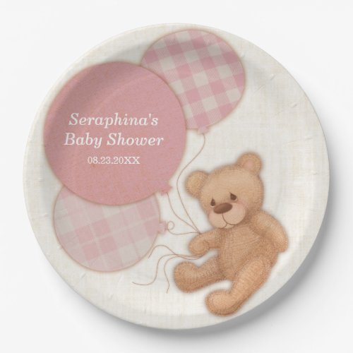 Cute Pink Teddy Bear Baby Shower Paper Plates