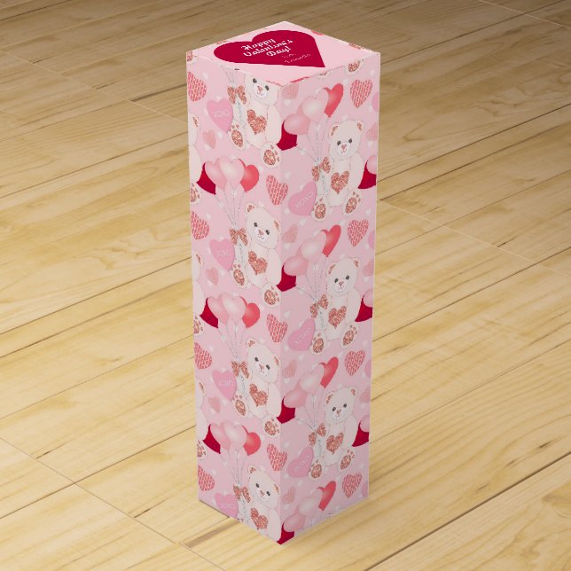 Cute Pink Teddy Bear Balloon Hearts Valentines Day Wine Box (Front)