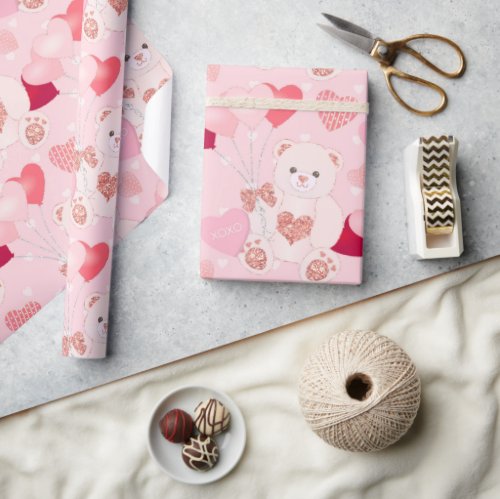 Cute Pink Teddy Bear Balloon Hearts Valentines Day Wrapping Paper