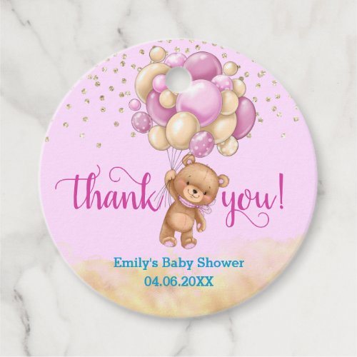 Cute Pink Teddy Bear Balloon Thank You Baby Shower Favor Tags