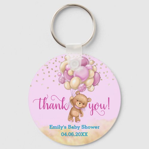 Cute Pink Teddy Bear Balloon Thank You Baby Shower Keychain