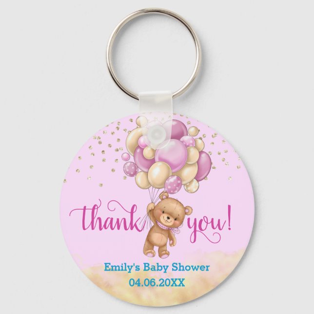 Cute Pink Teddy Bear Balloon Thank You Baby Shower Keychain (Front)