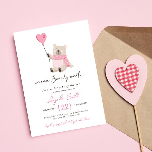 Cute Pink Teddy Bear Bearly Wait Baby Shower Invitation