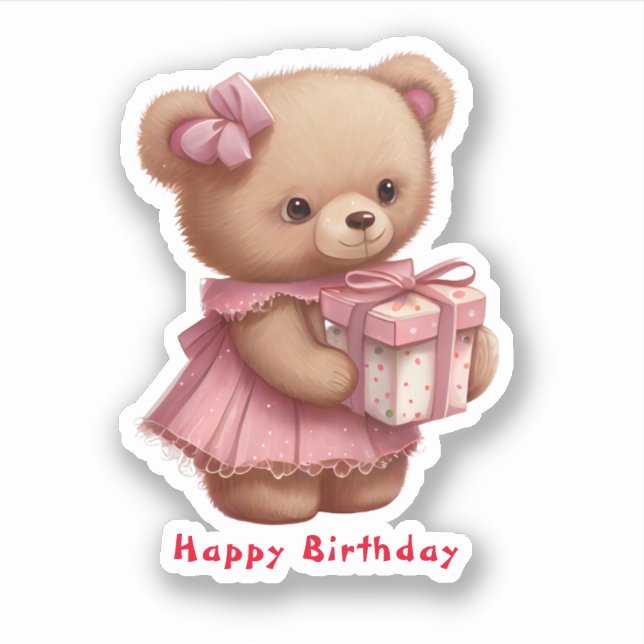 Cute Pink Teddy Bear Birthday Custom Cut Vinyl  Sticker (Front)