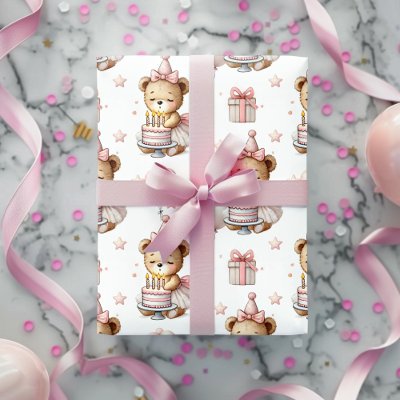 Cute Pink Teddy Bear Birthday Party Wrapping Paper