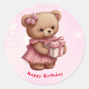 Cute Pink Teddy Bear Birthday Personalized Classic Round Sticker
