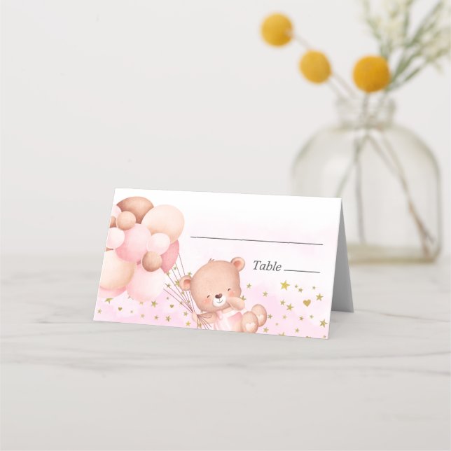 Cute Pink Teddy Bear & Clouds for Baby Girl Place Card (Front)