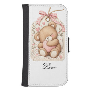 Cute Pink Teddy Bear Custom Name Wallet Phone Case