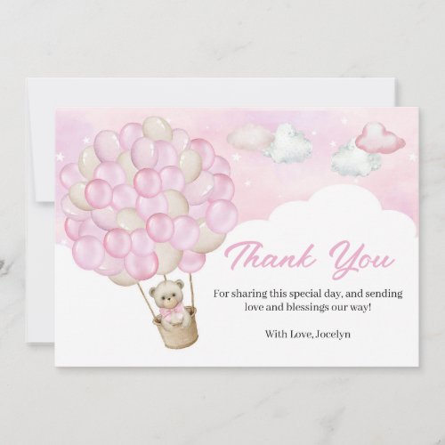 Cute Pink Teddy Bear Flying Balloon Baby Shower Thank You Card