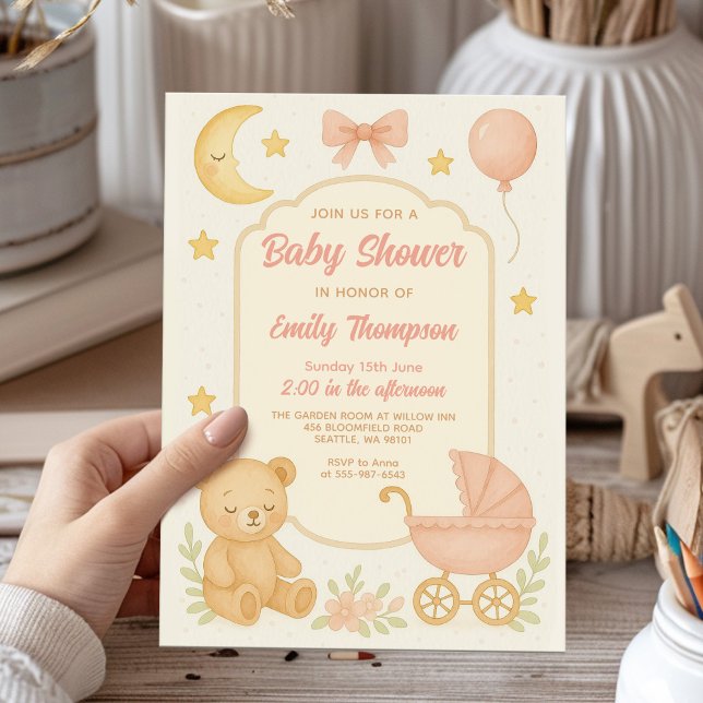 Cute Pink Teddy Bear Girl baby shower Invitation (Creator Uploaded)