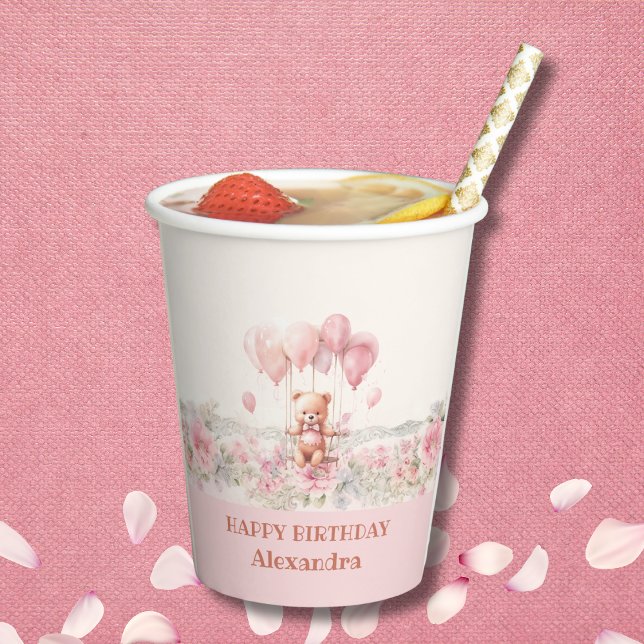 Cute Pink Teddy Bear Girl Birthday Party  Paper Cups (Creator Uploaded)
