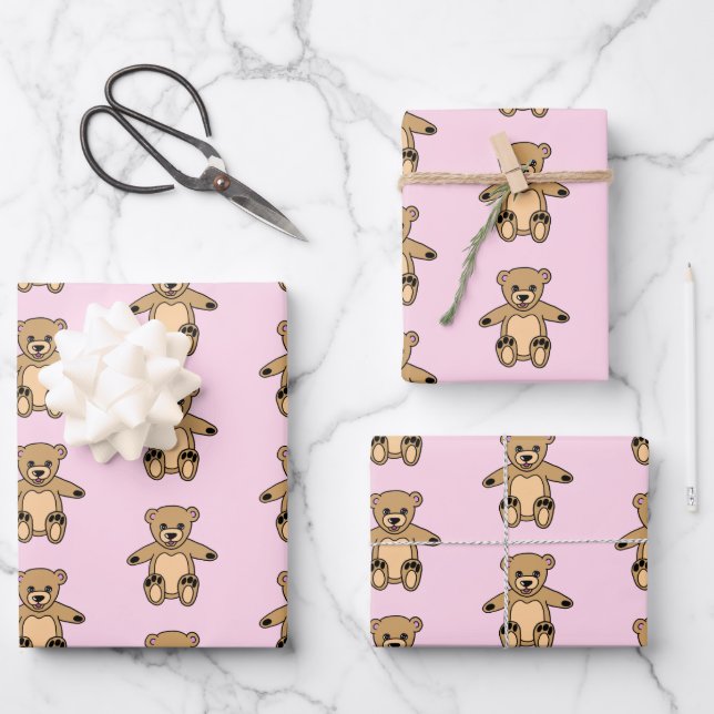 Cute Pink Teddy Bear Girl Pattern Wrapping Paper Sheets (Front)