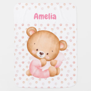 Cute pink teddy bear girl with pillow polka dot baby blanket