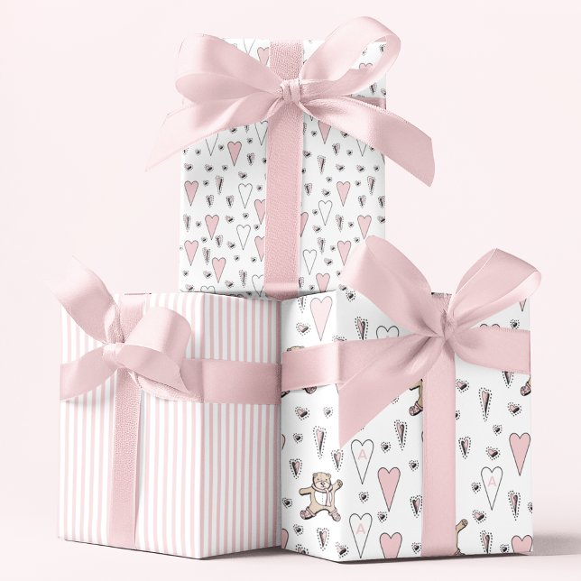 Cute Pink Teddy Bear & Heart Baby Girl Initial Wrapping Paper Sheets (Cute Teddy Bears, Pink Hearts and Pink & White Striped Gift Wrap for New Baby Girl or Baby Shower)