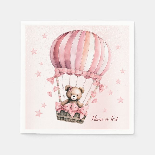 Cute Pink Teddy Bear Hot Air Balloon Beautiful Napkins (Front)