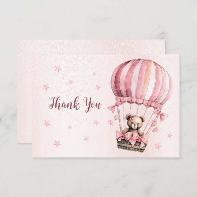 Cute Pink Teddy Bear Hot Air Balloon Beautiful Thank You Card (Front/Back)