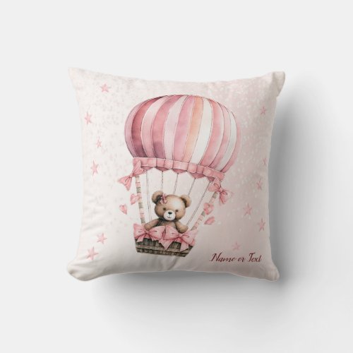 Cute Pink Teddy Bear Hot Air Balloon Beautiful Throw Pillow