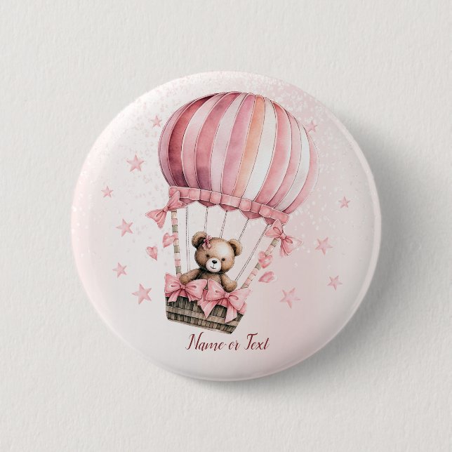 Cute Pink Teddy Bear Hot Air Balloon Party Button (Front)