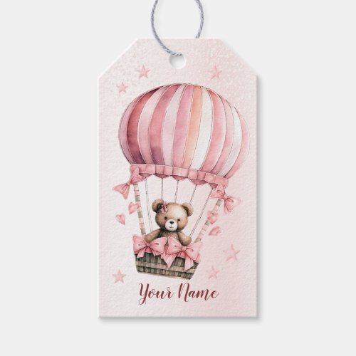 Cute Pink Teddy Bear Hot Air Balloon Party Gift Tags