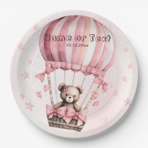 Cute Pink Teddy Bear Hot Air Balloon Party Paper Plates