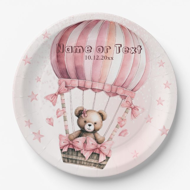 Cute Pink Teddy Bear Hot Air Balloon Party Paper Plates (Front)