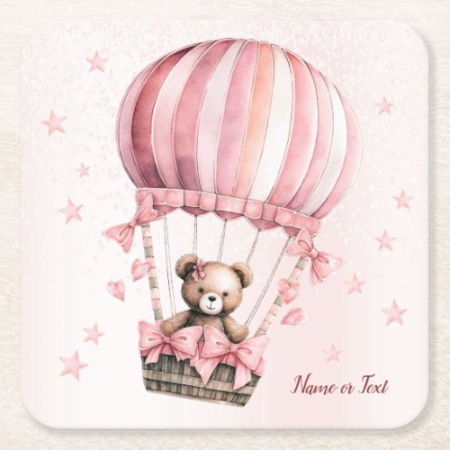 Cute Pink Teddy Bear Hot Air Balloon Party Square Paper Coaster