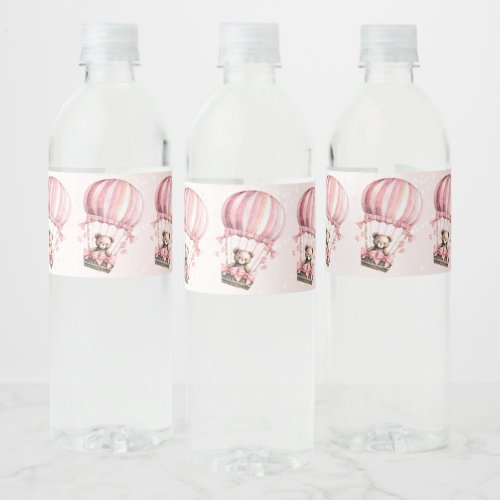 Cute Pink Teddy Bear Hot Air Balloon Party Water Bottle Label