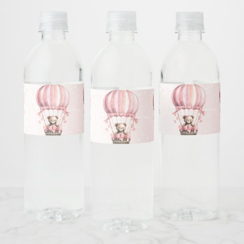 Cute Pink Teddy Bear Hot Air Balloon Party Water Bottle Label